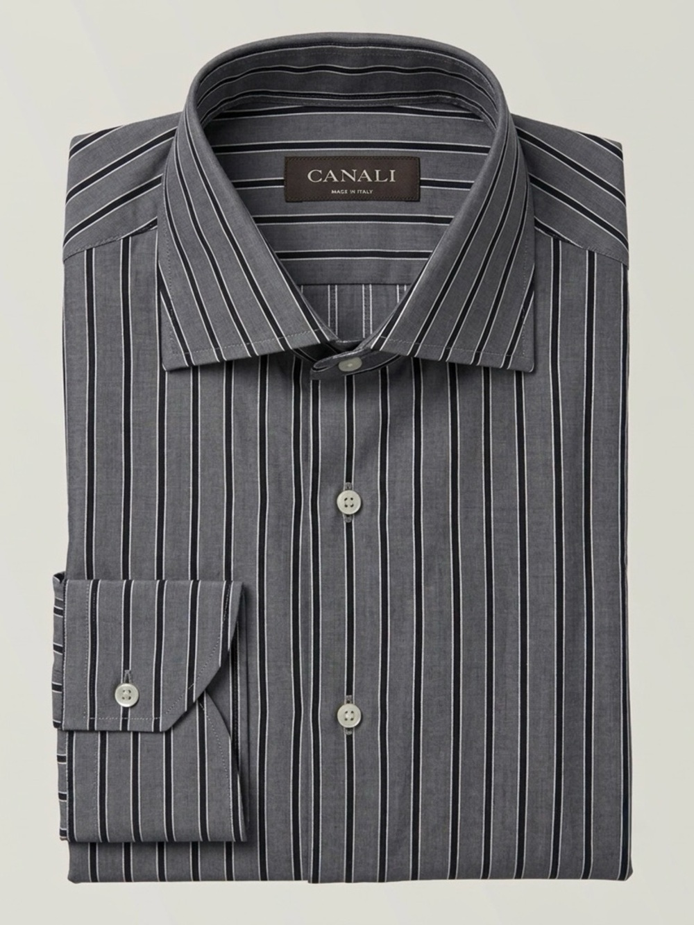 Canali Grey Striped Dress Shirt Size 39 Neck 15.5 Made in Italy Cotton